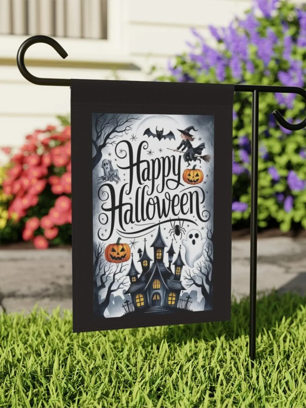 Happy Halloween Garden Flag with Witch and Haunted House